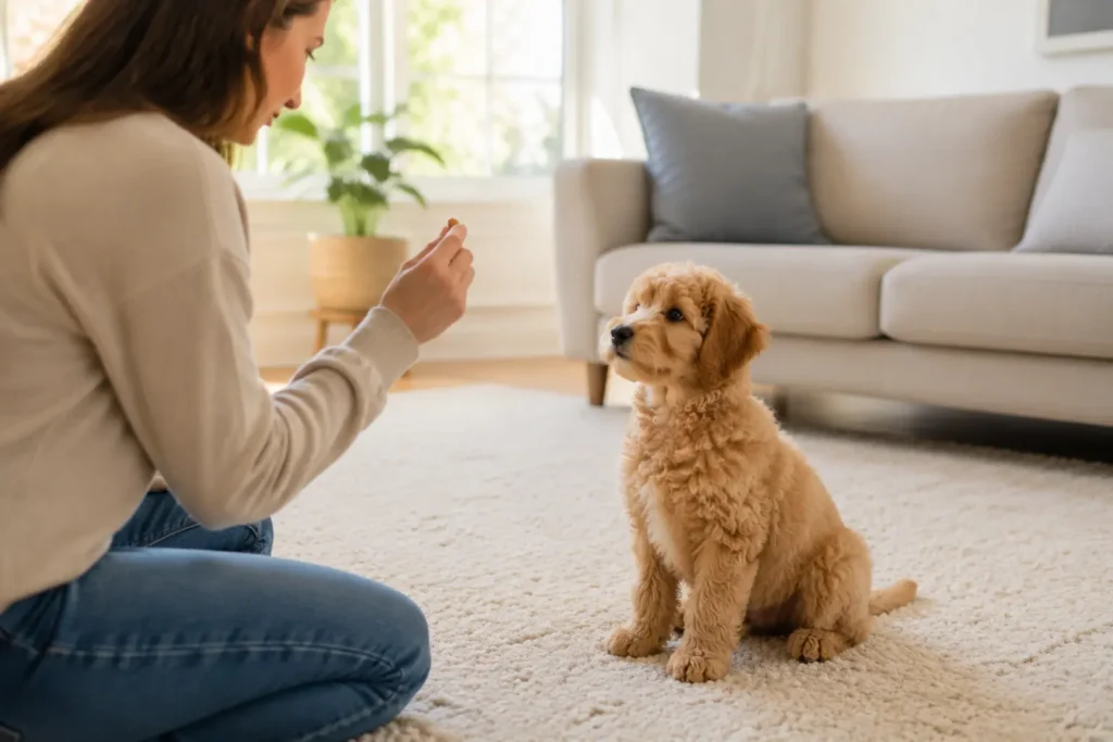 Oodle puppy learning during its first training session