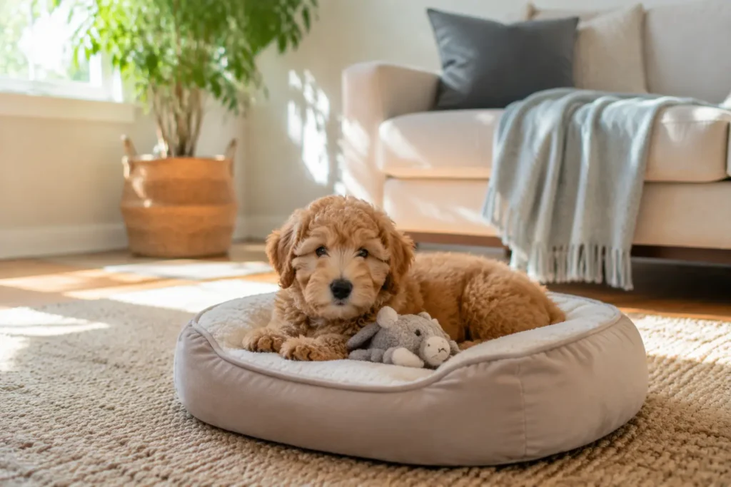 Calm oodle puppy relaxing alone indoors