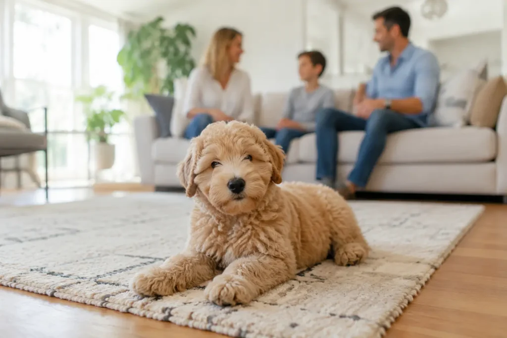 Oodle puppy relaxing in its new family home