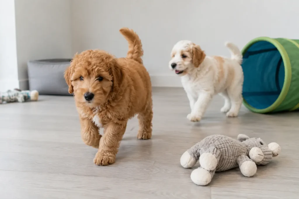Young oodle puppy exploring with another puppy